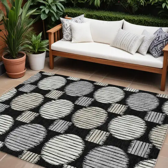 Black Gray And Ivory Geometric Washable Indoor Outdoor Area Rug Photo 1