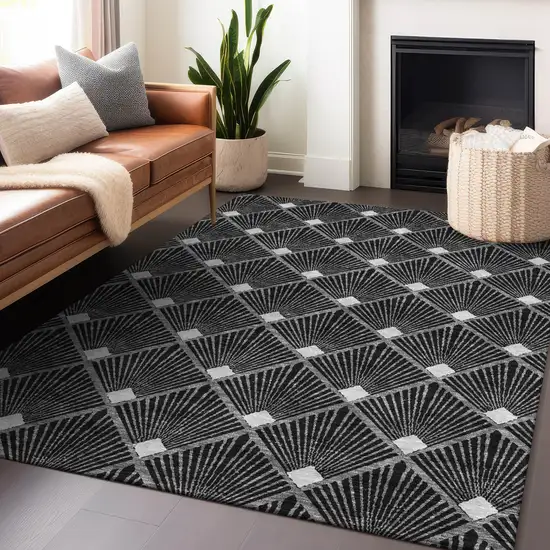 Black Gray And Ivory Geometric Washable Indoor Outdoor Area Rug Photo 9