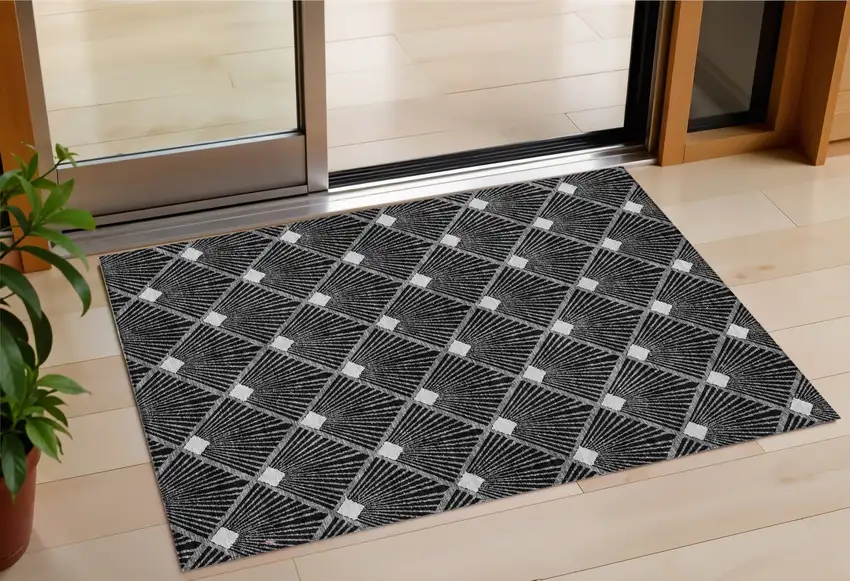 Black Gray And Ivory Geometric Washable Indoor Outdoor Area Rug Photo 1