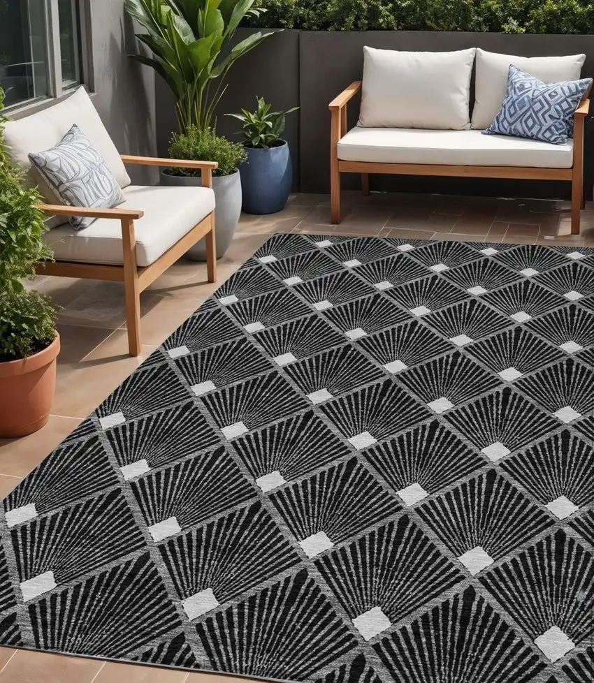 Black Gray And Ivory Geometric Washable Indoor Outdoor Area Rug Photo 1