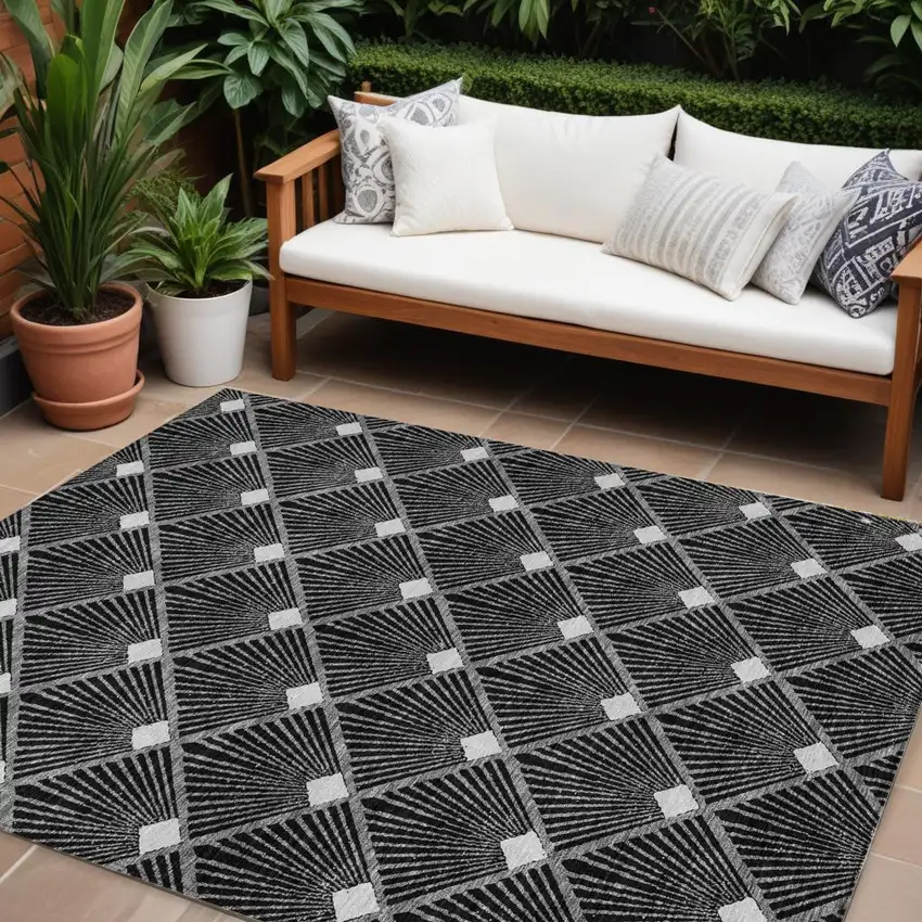 Black Gray And Ivory Geometric Washable Indoor Outdoor Area Rug Photo 1