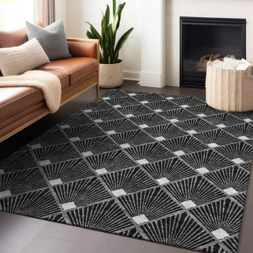 Black Gray And Ivory Geometric Washable Indoor Outdoor Area Rug Photo 9