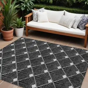 Photo of Black Gray And Ivory Geometric Washable Indoor Outdoor Area Rug
