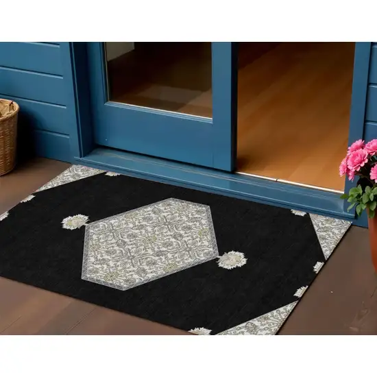 Black Gray And Ivory Oriental Washable Indoor Outdoor Area Rug Photo 1