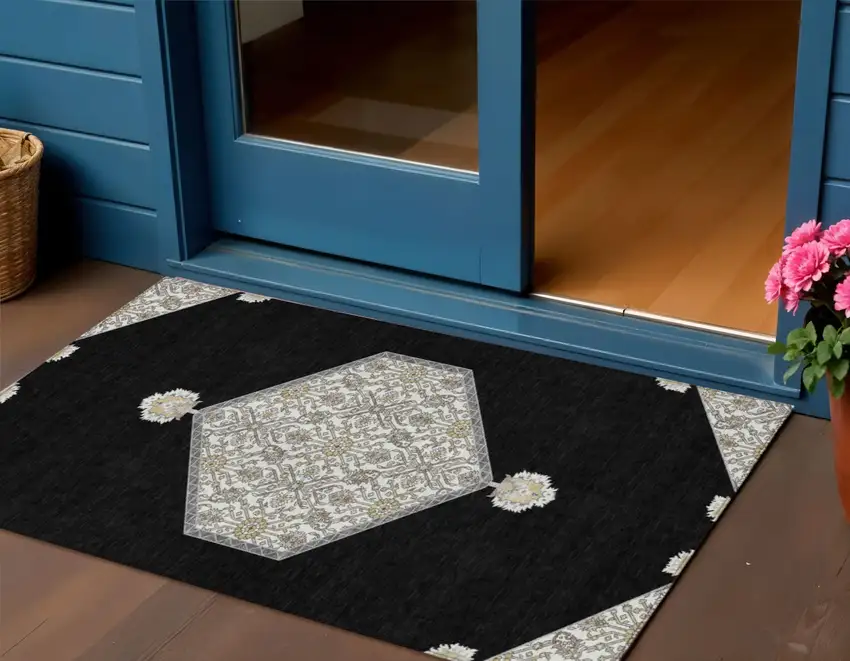 Black Gray And Ivory Oriental Washable Indoor Outdoor Area Rug Photo 1