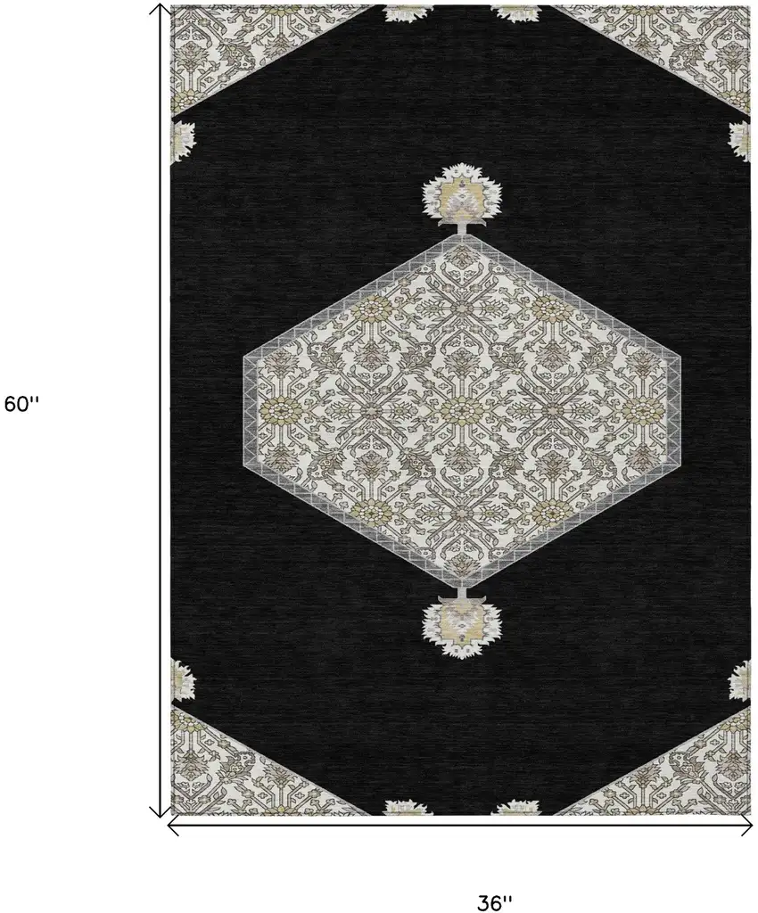 Black Gray And Ivory Oriental Washable Indoor Outdoor Area Rug Photo 3