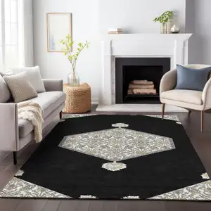 Photo of Black Gray And Ivory Oriental Washable Indoor Outdoor Area Rug