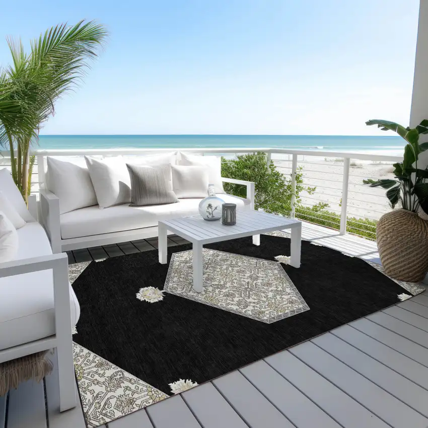 Black Gray And Ivory Oriental Washable Indoor Outdoor Area Rug Photo 9