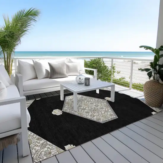 Black Gray And Ivory Oriental Washable Indoor Outdoor Area Rug Photo 9