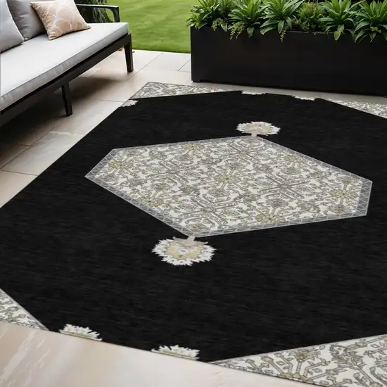 Black Gray And Ivory Oriental Washable Indoor Outdoor Area Rug Photo 1