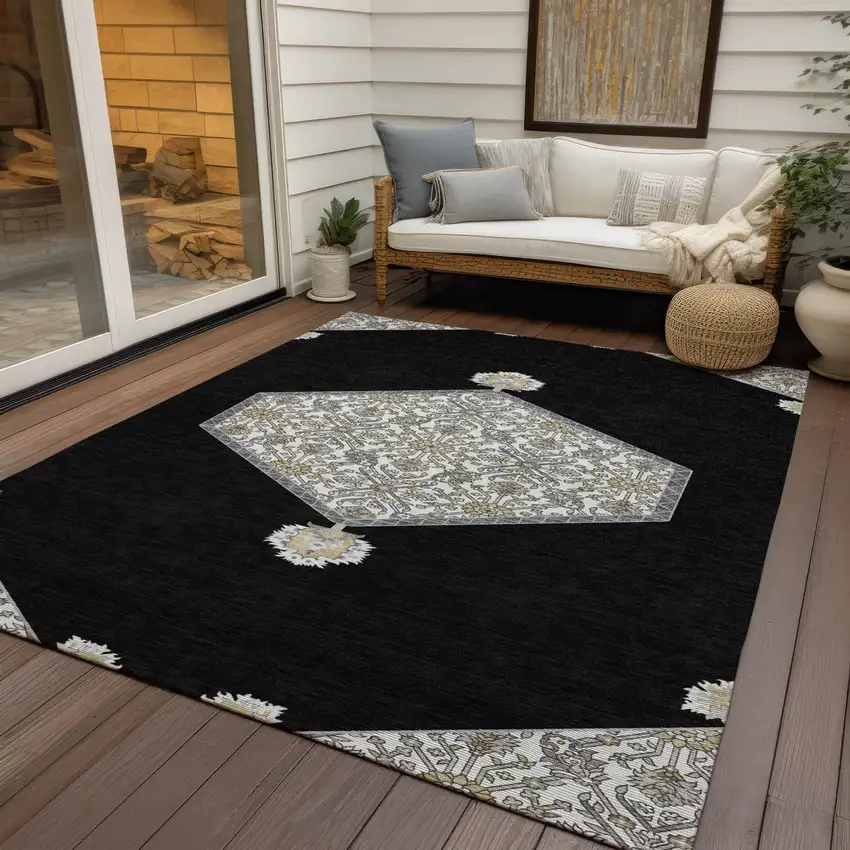 Black Gray And Ivory Oriental Washable Indoor Outdoor Area Rug Photo 8