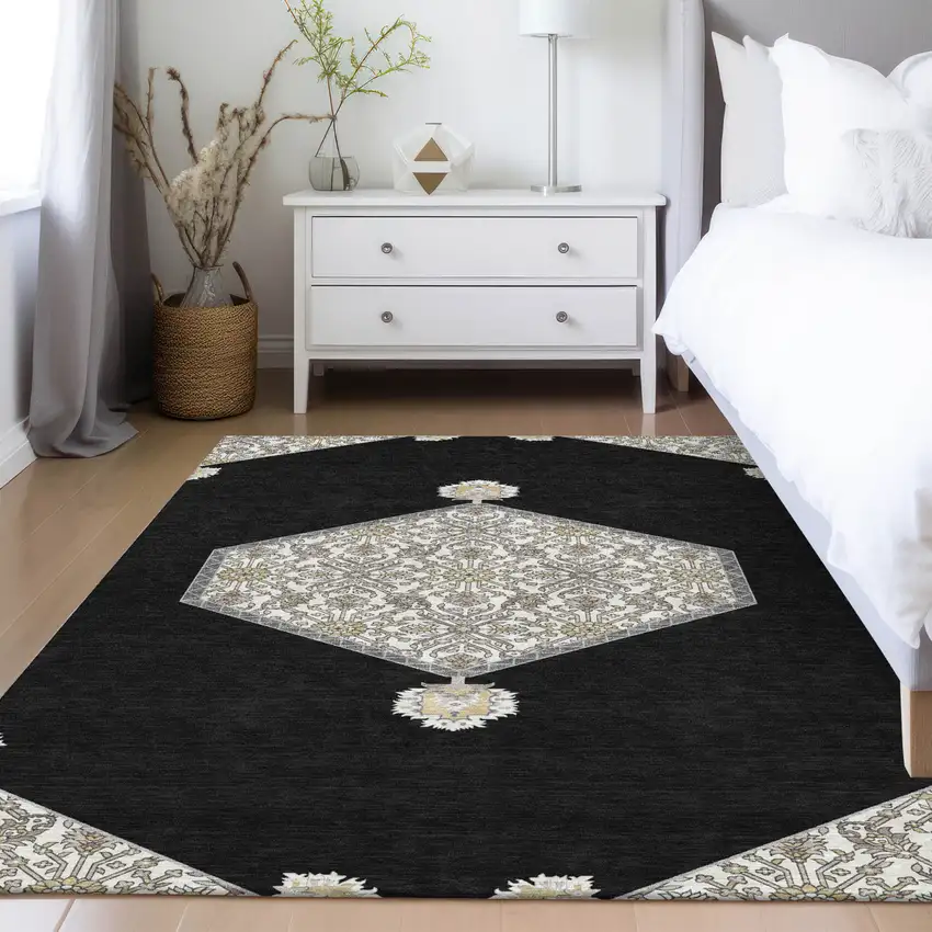 Black Gray And Ivory Oriental Washable Indoor Outdoor Area Rug Photo 9