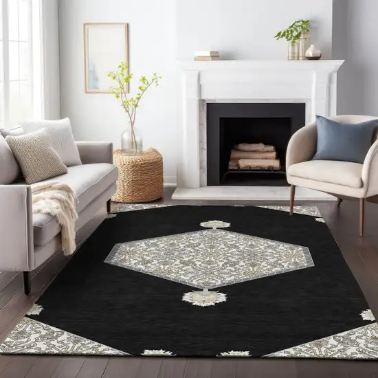 Black Gray And Ivory Oriental Washable Indoor Outdoor Area Rug Photo 9
