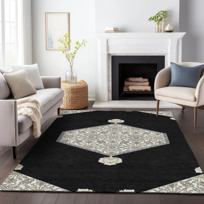 Black Gray And Ivory Oriental Washable Indoor Outdoor Area Rug Photo 9