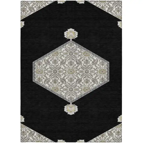 Black Gray And Ivory Oriental Washable Indoor Outdoor Area Rug Photo 7