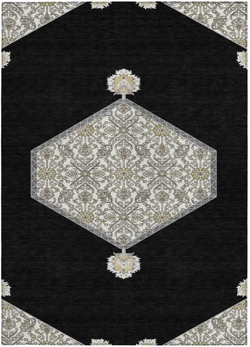 Black Gray And Ivory Oriental Washable Indoor Outdoor Area Rug Photo 7