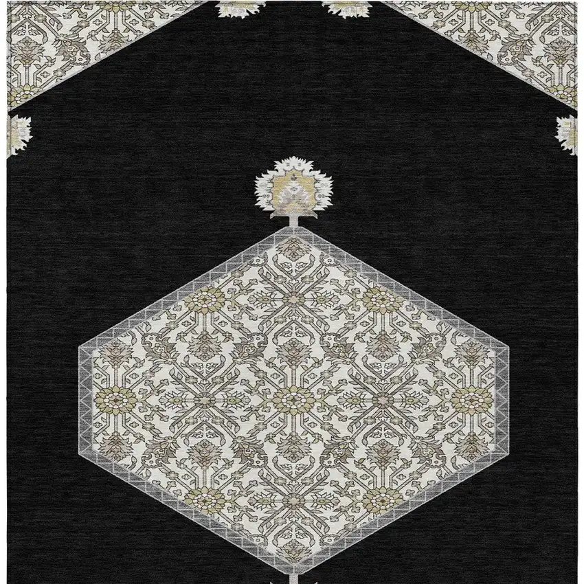 Black Gray And Ivory Oriental Washable Indoor Outdoor Area Rug Photo 6