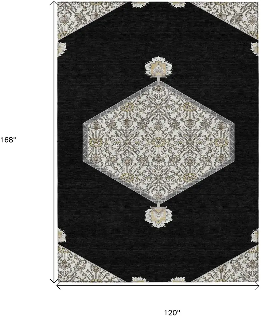 Black Gray And Ivory Oriental Washable Indoor Outdoor Area Rug Photo 3