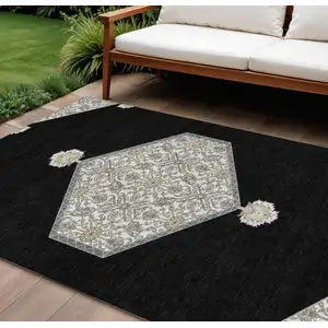 Photo of Black Gray And Ivory Oriental Washable Indoor Outdoor Area Rug
