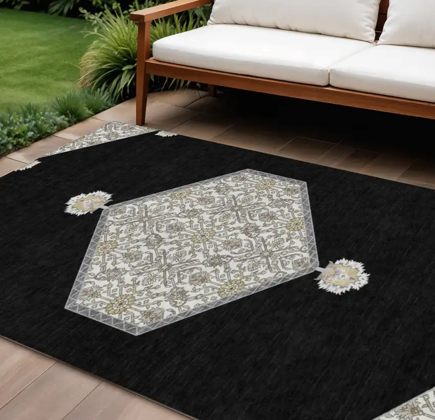 Black Gray And Ivory Oriental Washable Indoor Outdoor Area Rug Photo 1