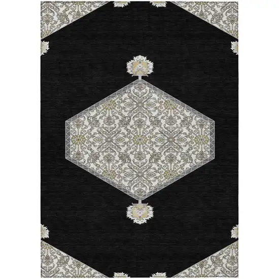Black Gray And Ivory Oriental Washable Indoor Outdoor Area Rug Photo 2