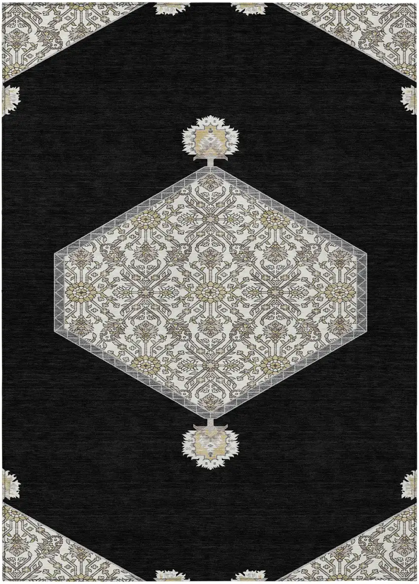 Black Gray And Ivory Oriental Washable Indoor Outdoor Area Rug Photo 2
