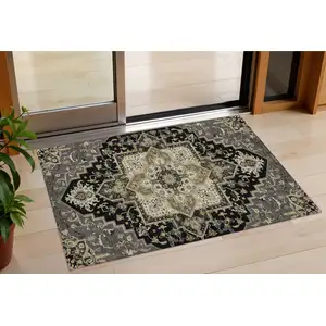 Photo of Black Gray And Ivory Oriental Washable Indoor Outdoor Area Rug