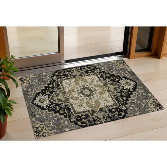 Black Gray And Ivory Oriental Washable Indoor Outdoor Area Rug Photo 1