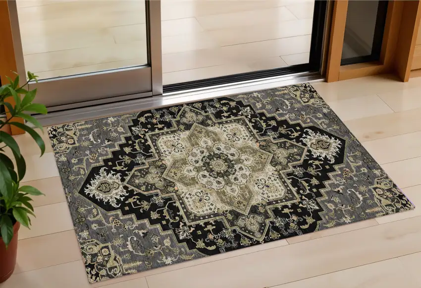 Black Gray And Ivory Oriental Washable Indoor Outdoor Area Rug Photo 1