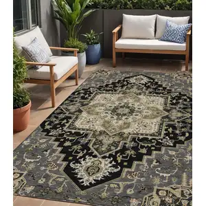 Photo of Black Gray And Ivory Oriental Washable Indoor Outdoor Area Rug