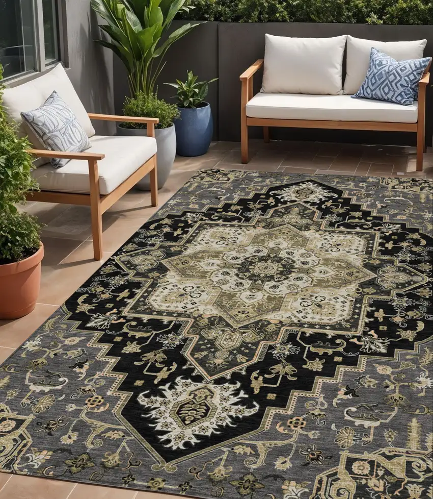 Black Gray And Ivory Oriental Washable Indoor Outdoor Area Rug Photo 1