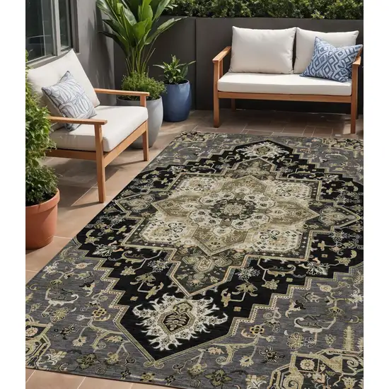 Black Gray And Ivory Oriental Washable Indoor Outdoor Area Rug Photo 1