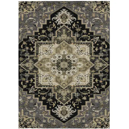 Black Gray And Ivory Oriental Washable Indoor Outdoor Area Rug Photo 8