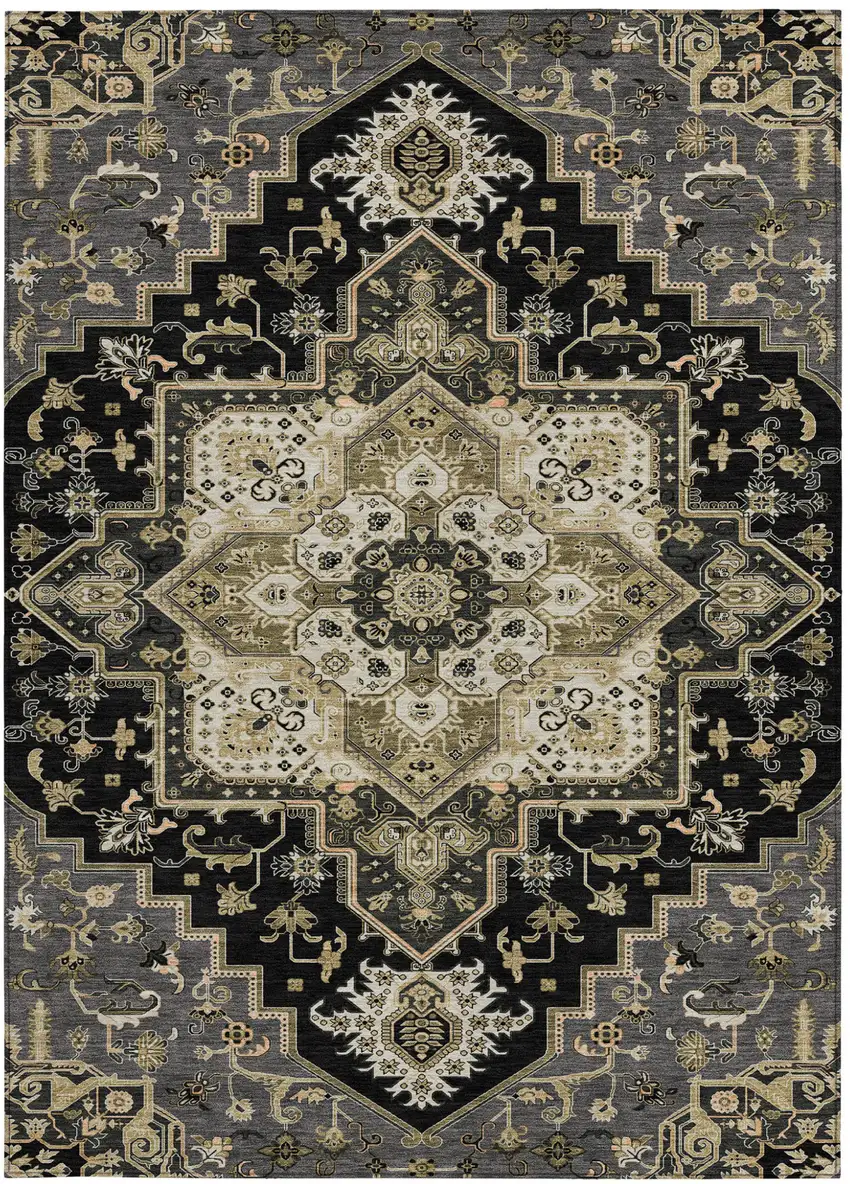 Black Gray And Ivory Oriental Washable Indoor Outdoor Area Rug Photo 8