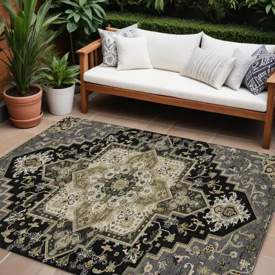 Black Gray And Ivory Oriental Washable Indoor Outdoor Area Rug Photo 1