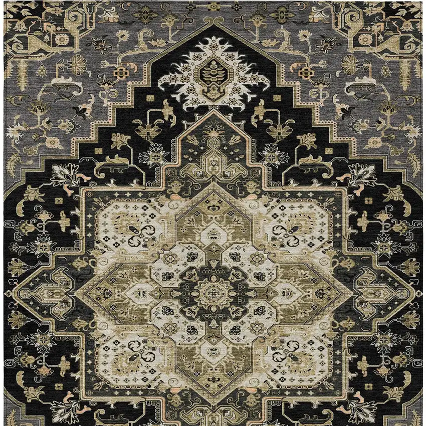 Black Gray And Ivory Oriental Washable Indoor Outdoor Area Rug Photo 8