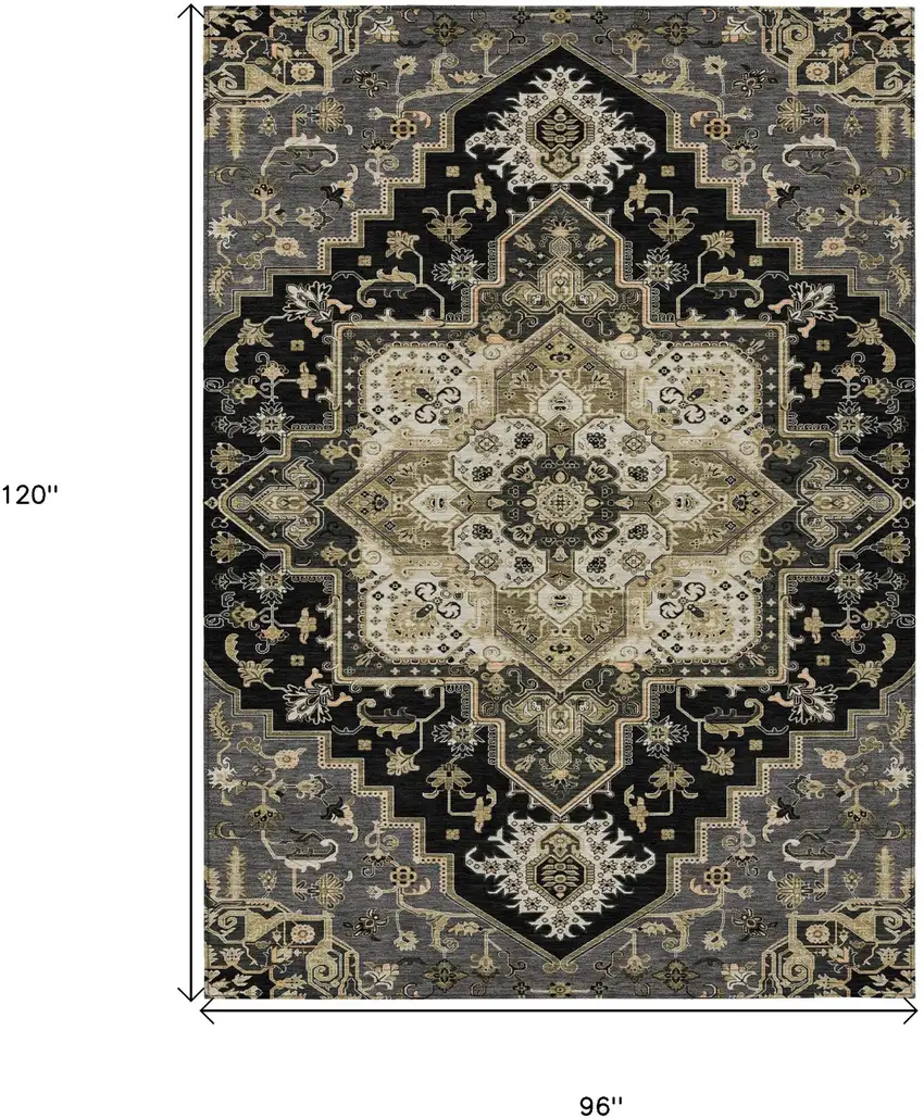 Black Gray And Ivory Oriental Washable Indoor Outdoor Area Rug Photo 3