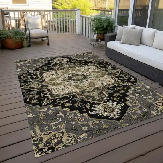Black Gray And Ivory Oriental Washable Indoor Outdoor Area Rug Photo 9