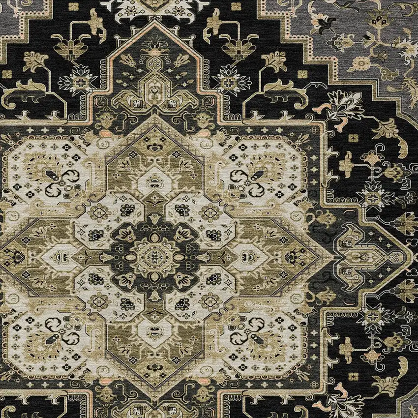 Black Gray And Ivory Oriental Washable Indoor Outdoor Area Rug Photo 6