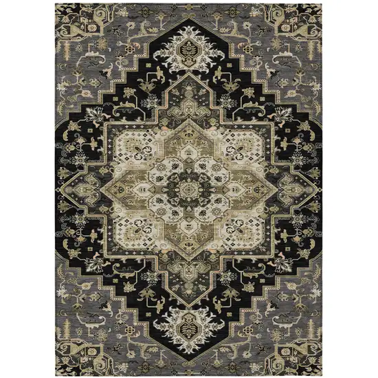 Black Gray And Ivory Oriental Washable Indoor Outdoor Area Rug Photo 2