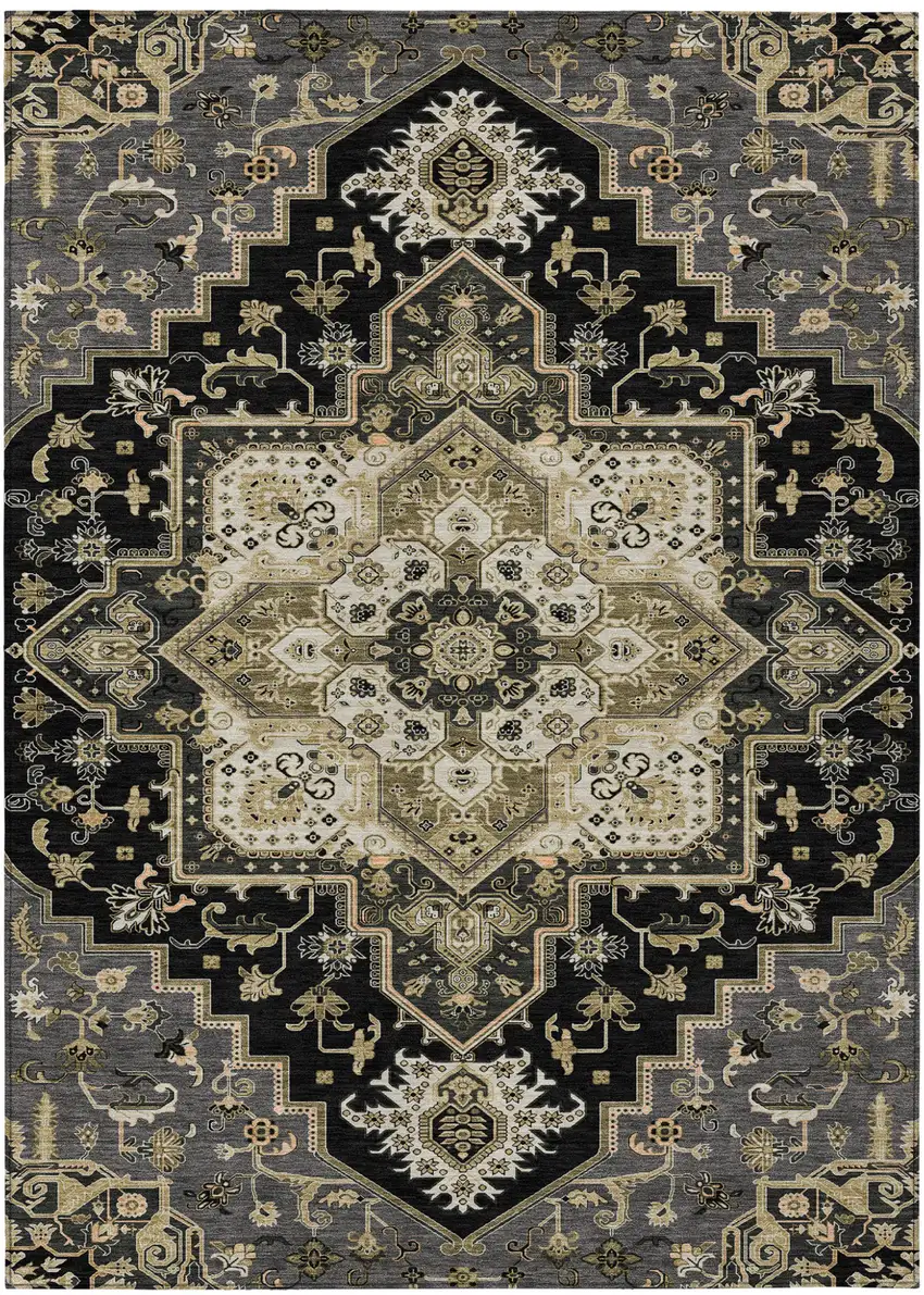 Black Gray And Ivory Oriental Washable Indoor Outdoor Area Rug Photo 2