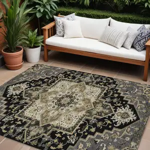 Photo of Black Gray And Ivory Oriental Washable Indoor Outdoor Area Rug