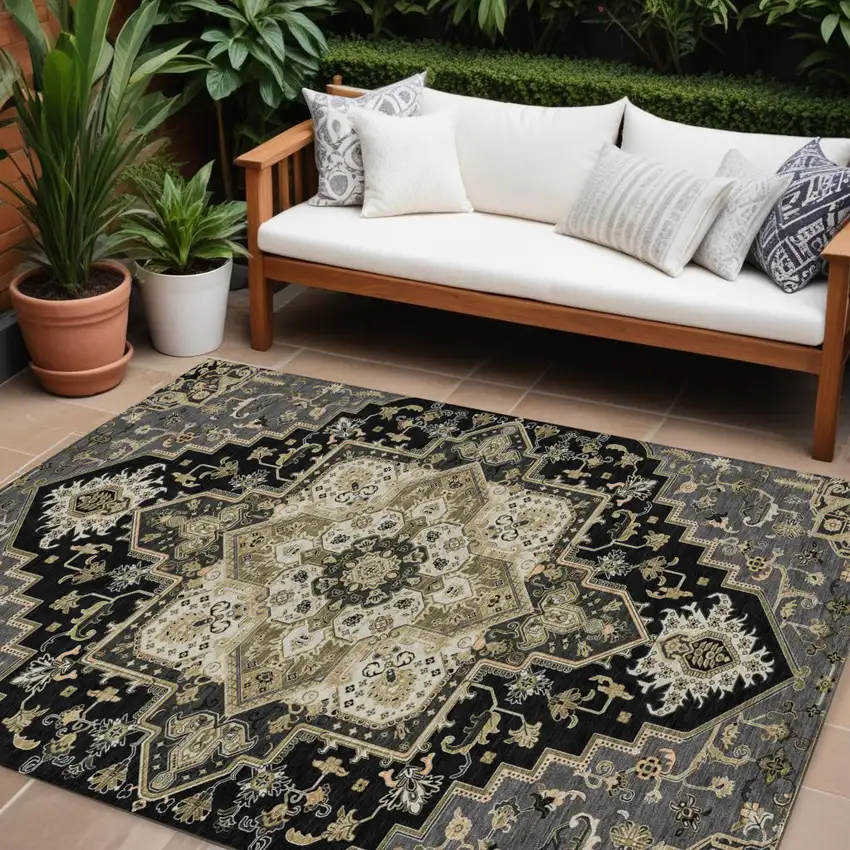 Black Gray And Ivory Oriental Washable Indoor Outdoor Area Rug Photo 1