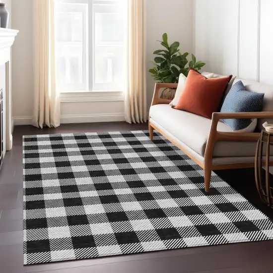 Black Gray And Ivory Plaid Washable Indoor Outdoor Area Rug Photo 9