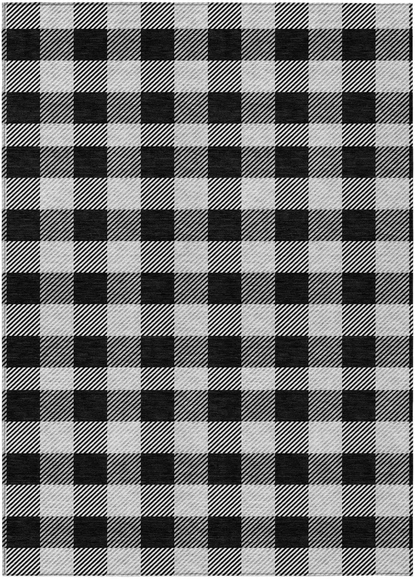 Black Gray And Ivory Plaid Washable Indoor Outdoor Area Rug Photo 2