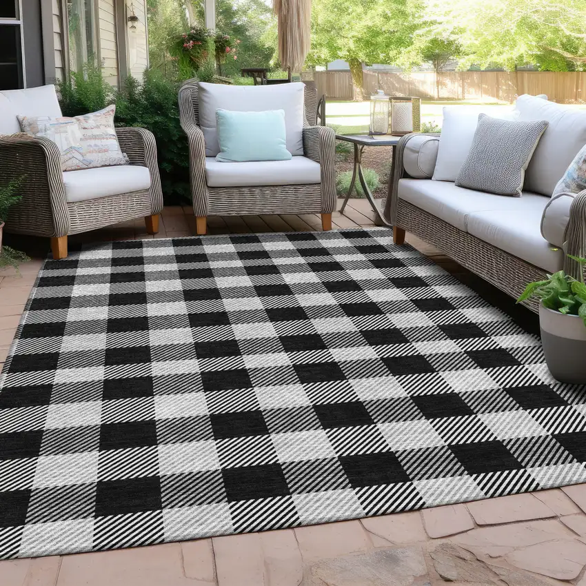Black Gray And Ivory Plaid Washable Indoor Outdoor Area Rug Photo 8
