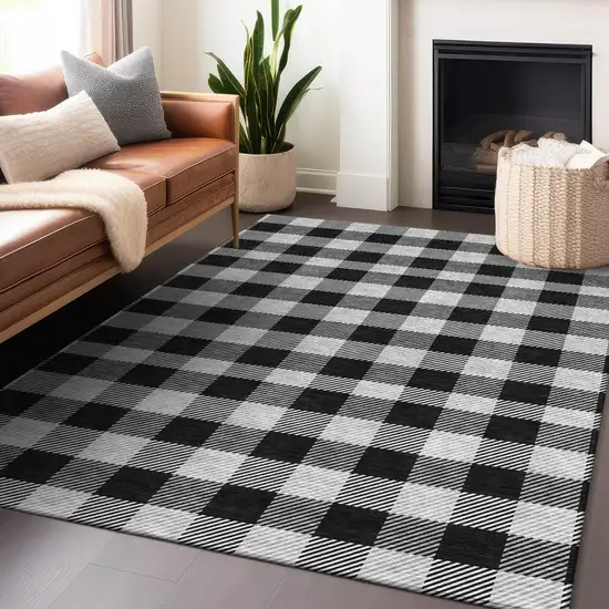 Black Gray And Ivory Plaid Washable Indoor Outdoor Area Rug Photo 9