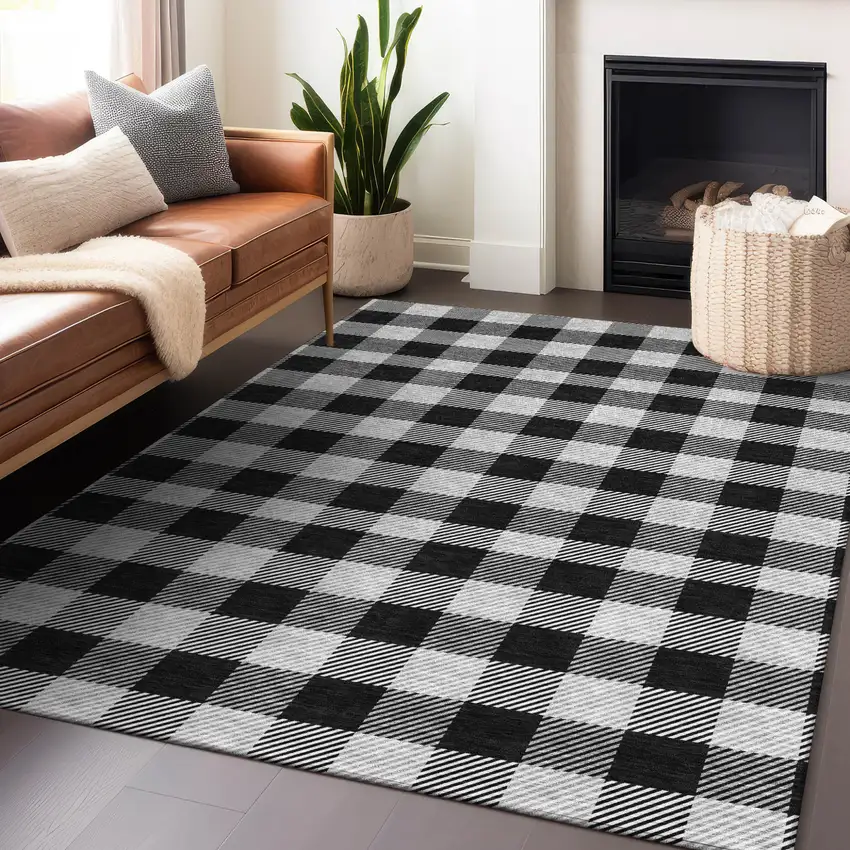 Black Gray And Ivory Plaid Washable Indoor Outdoor Area Rug Photo 9