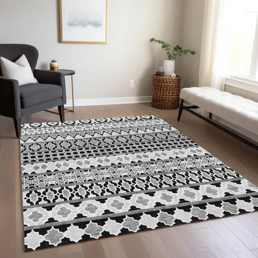 Black Gray And Ivory Quatrefoil Washable Indoor Outdoor Area Rug Photo 8