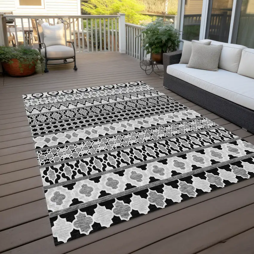 Black Gray And Ivory Quatrefoil Washable Indoor Outdoor Area Rug Photo 9